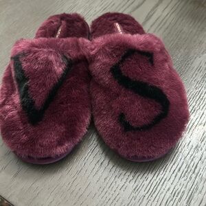 Victoria's Secret Plum Faux-Fur Slip-On Slippers with Black Lettering